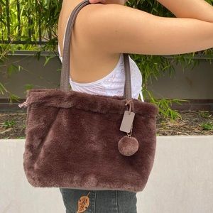 Brown fluffy shoulder bag Harriss Paris Japan bag with ball fluff